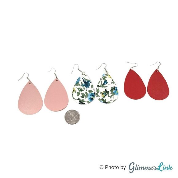 Faux Leather Teardrop Shaped Dangle Earrings Pink, Red and Floral Blue Set of 3 - Picture 5 of 9